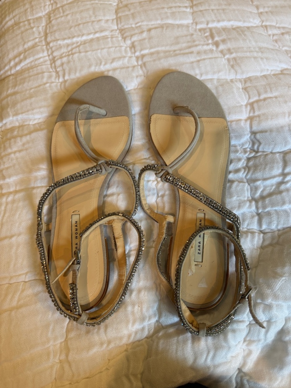 Zara Crystal-Trim Taupe Strappy Sandals
